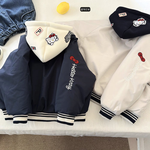 女童夹棉连帽棒球服外套刺绣kt猫咪假两件藏青米色拉链棉衣棉服