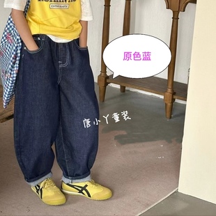 中大童原色蓝弯刀牛仔裤 腊肠狗直筒刺绣街舞大学生亲子休闲裤
