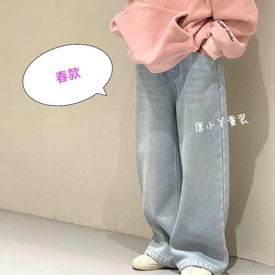 女童浅色直筒牛仔裤春秋款刺绣爱心薄款弹力软牛仔大学生亲子z