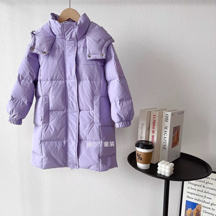 伯尼贝贝女童羽绒服中长款白鸭绒小字母黑色紫色面包服加厚连帽