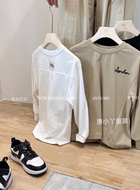 HOULI中大童纯棉长袖T恤春秋款黑色韩系打底衫简约刺绣