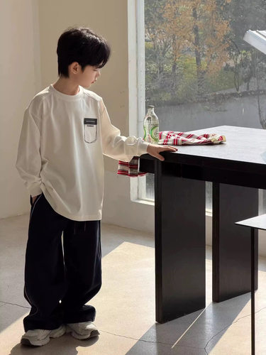 亲子白色纯棉长袖T恤设计感刺绣口袋春秋款螺纹袖青少年男童打底z