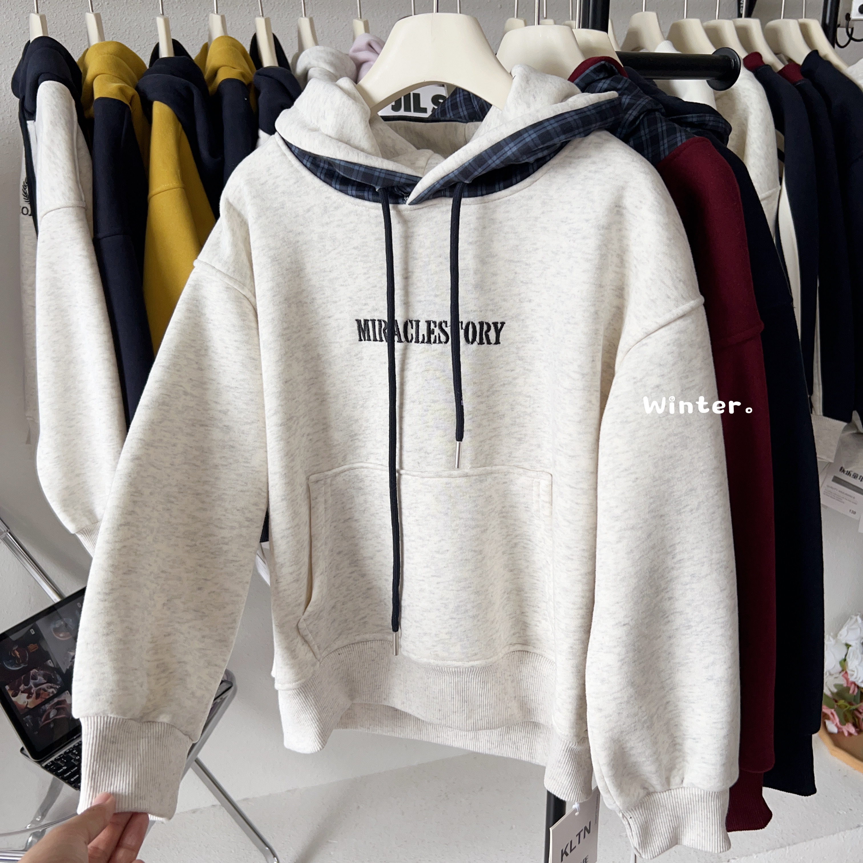 中大童加绒连帽卫衣格子刺绣mir韩版宽松撞色奥粒绒套头衫男女童