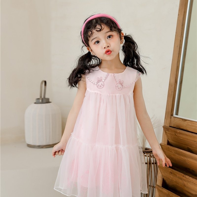 儿童刺绣小兔子娃娃领无袖连衣裙纱裙幼儿园女宝夏天裙子可爱洋气
