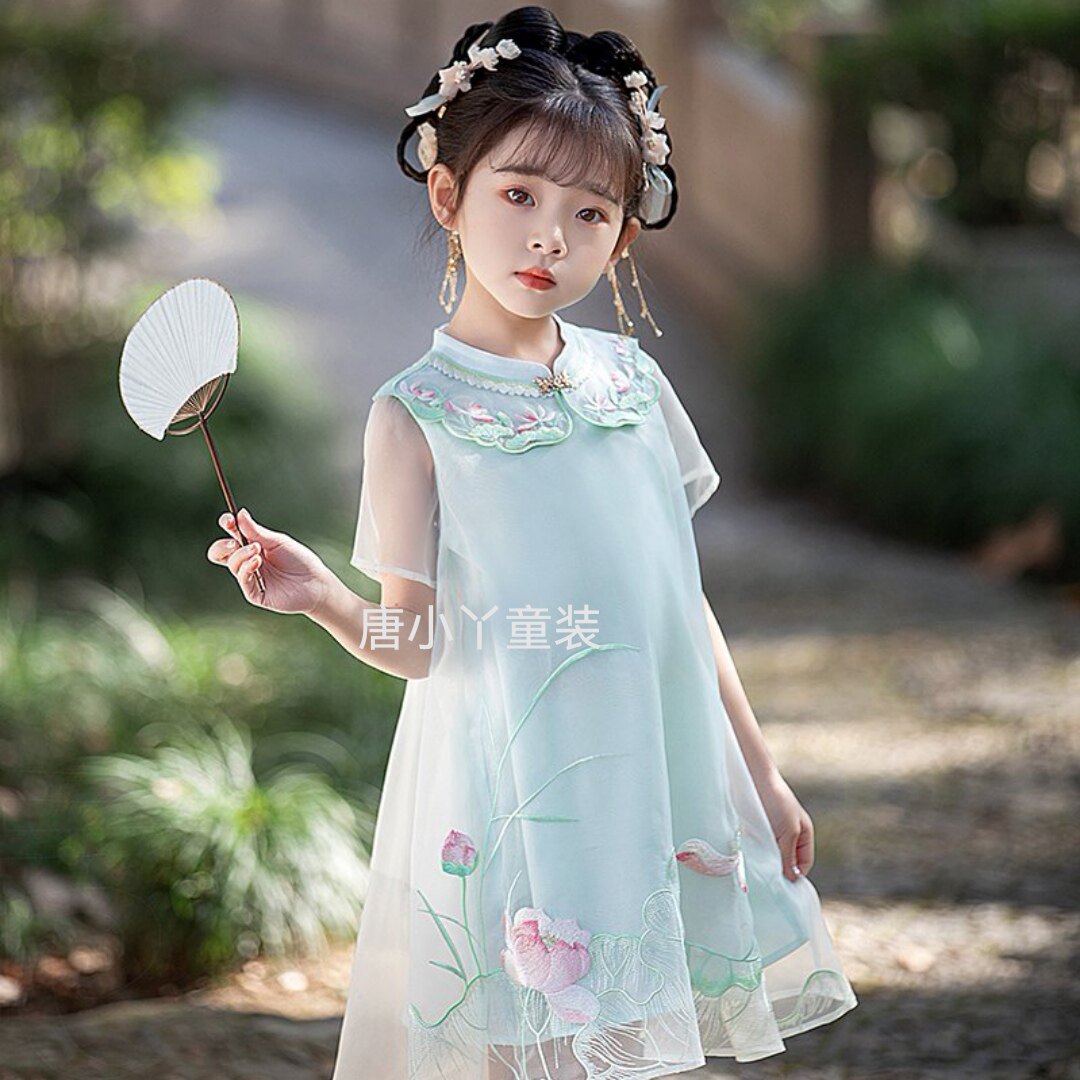 栀承女童含桑蚕丝汉服云肩连衣裙高端刺绣超薄夏旗袍羽成扉