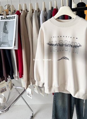 奇迹故事大童加绒圆领卫衣黑色晕染hard奥粒绒套头衫男女童