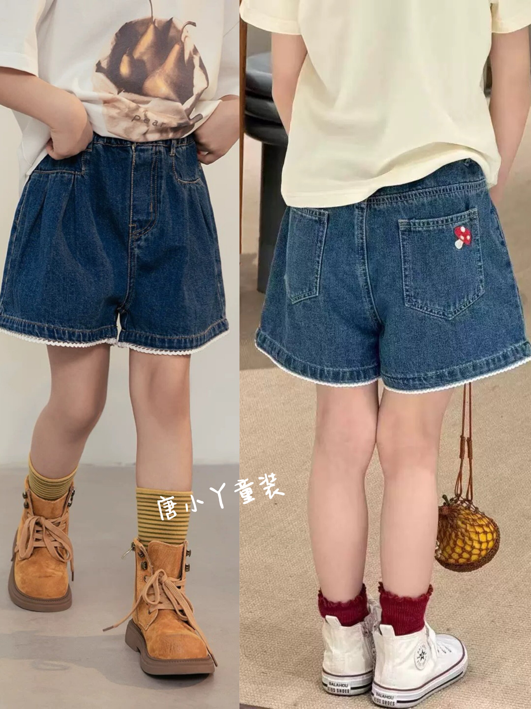 女童花边牛仔短裤超薄夏款刺绣蘑菇打褶A字形儿童韩版宽松亲子