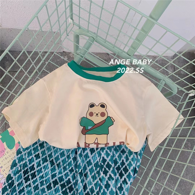 angebabyA类纯棉T恤100%棉小熊撞色短袖婴幼儿宝宝夏上衣安格