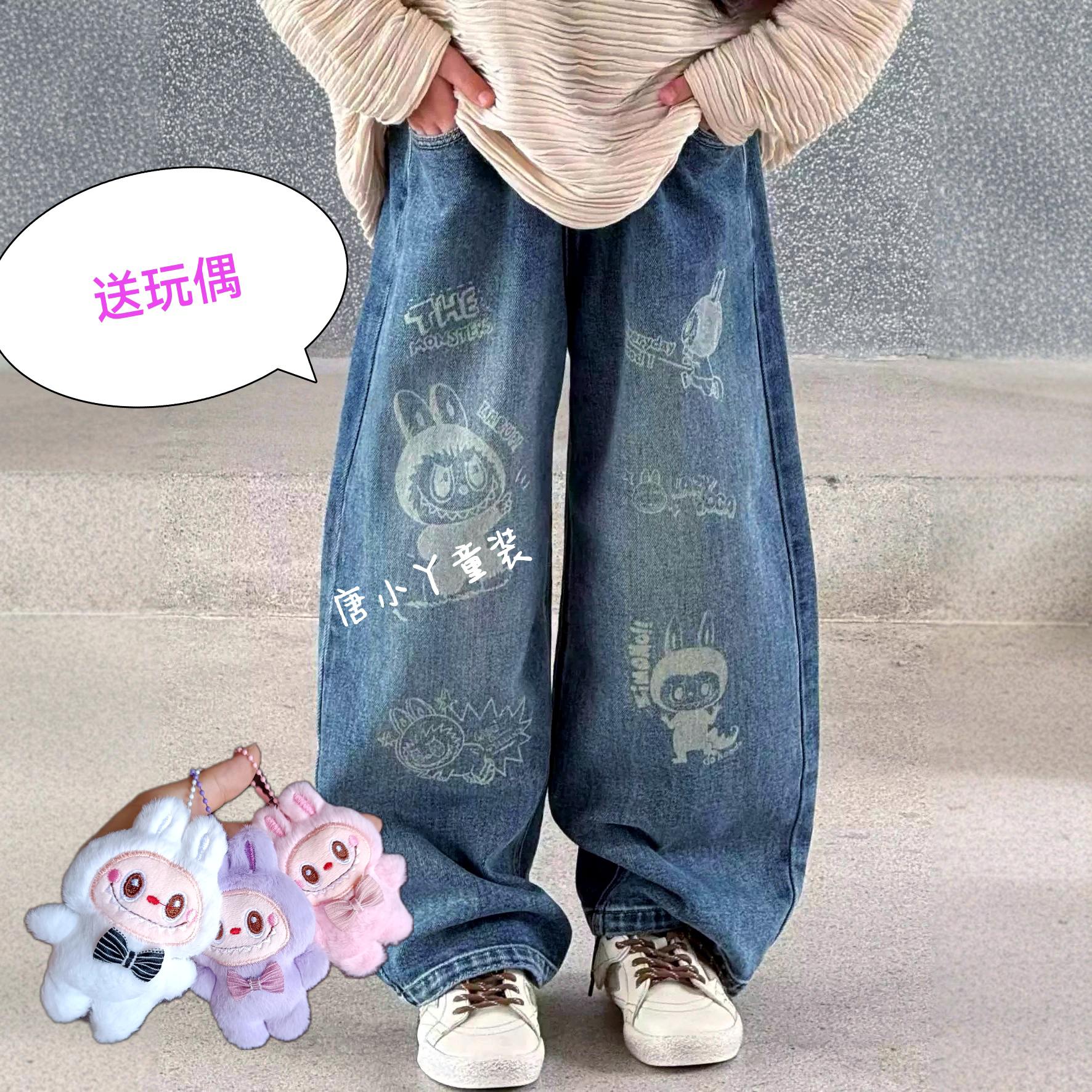 亲子直筒牛仔裤印花拉布春秋卡通拔印休闲长裤男女童青少年