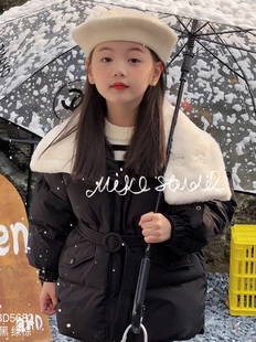 Miko女童羽绒服黑色中长款收腰90白鸭绒毛毛翻领韩版女大童外套
