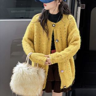 女童毛衣外套亮黄色韩系彩色花朵纽扣加厚彩点秋冬毛线开衫长袖