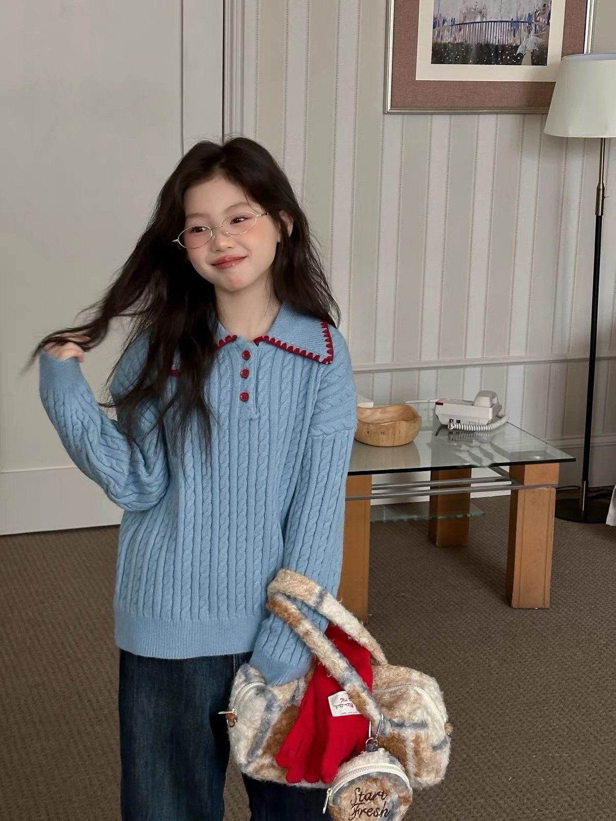 亲子韩系翻领毛衣雾霾蓝撞色衬衫领麻花针织衫韩版宽松甜美毛衫