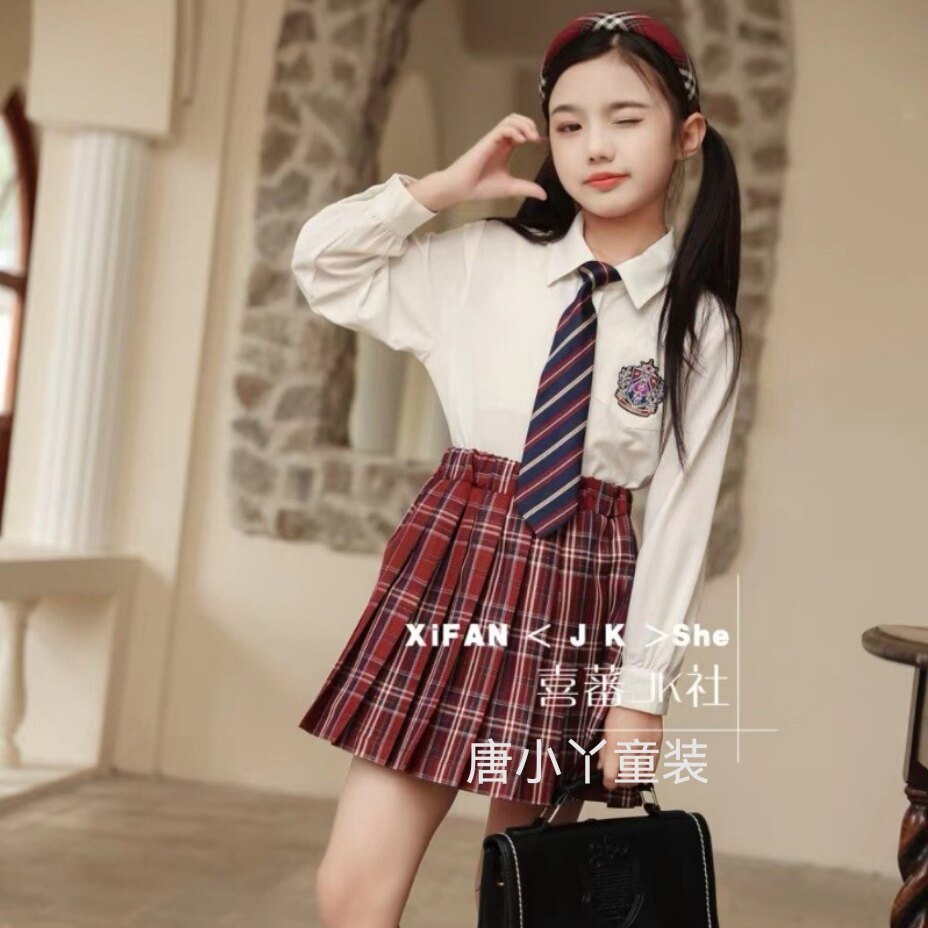 喜蕃jk女童学院风套装红色毛衣外套白衬衫格子半裙领带4件套