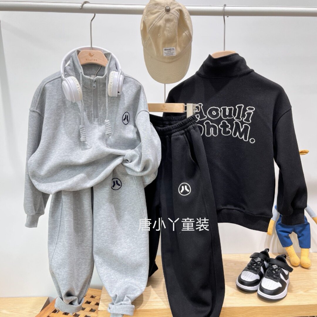 houli男童卫衣套装黑色春秋款半拉链立领韩系套头卫裤两件套