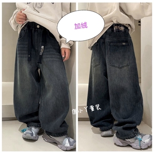 亲子加绒老爹牛仔裤 男女童青少年369 刺绣奥粒绒软糯厚实秋冬长裤