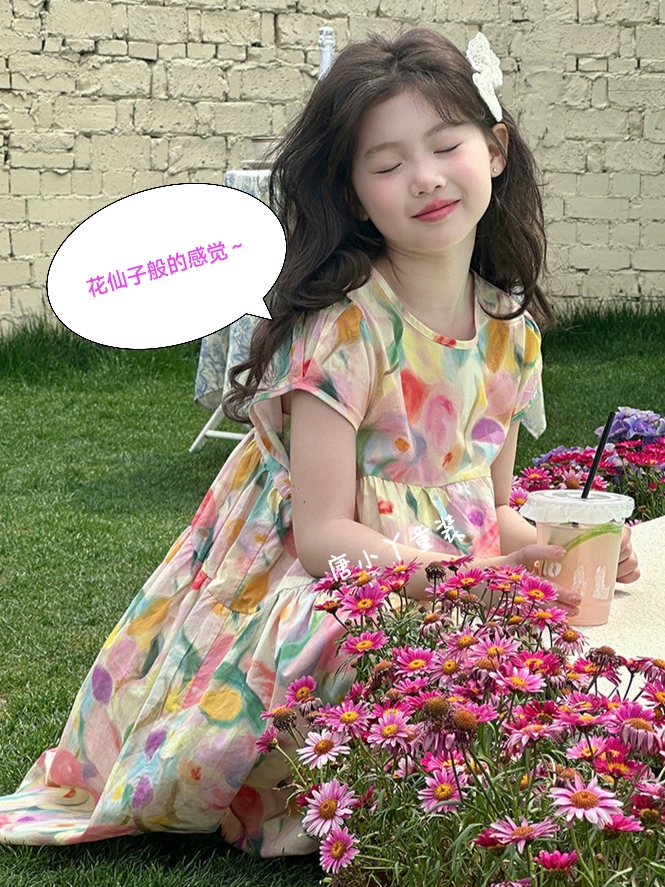女童棉布裙夏纯棉薄郁金香连衣裙圆领波西米亚油画风度假裙凉快y
