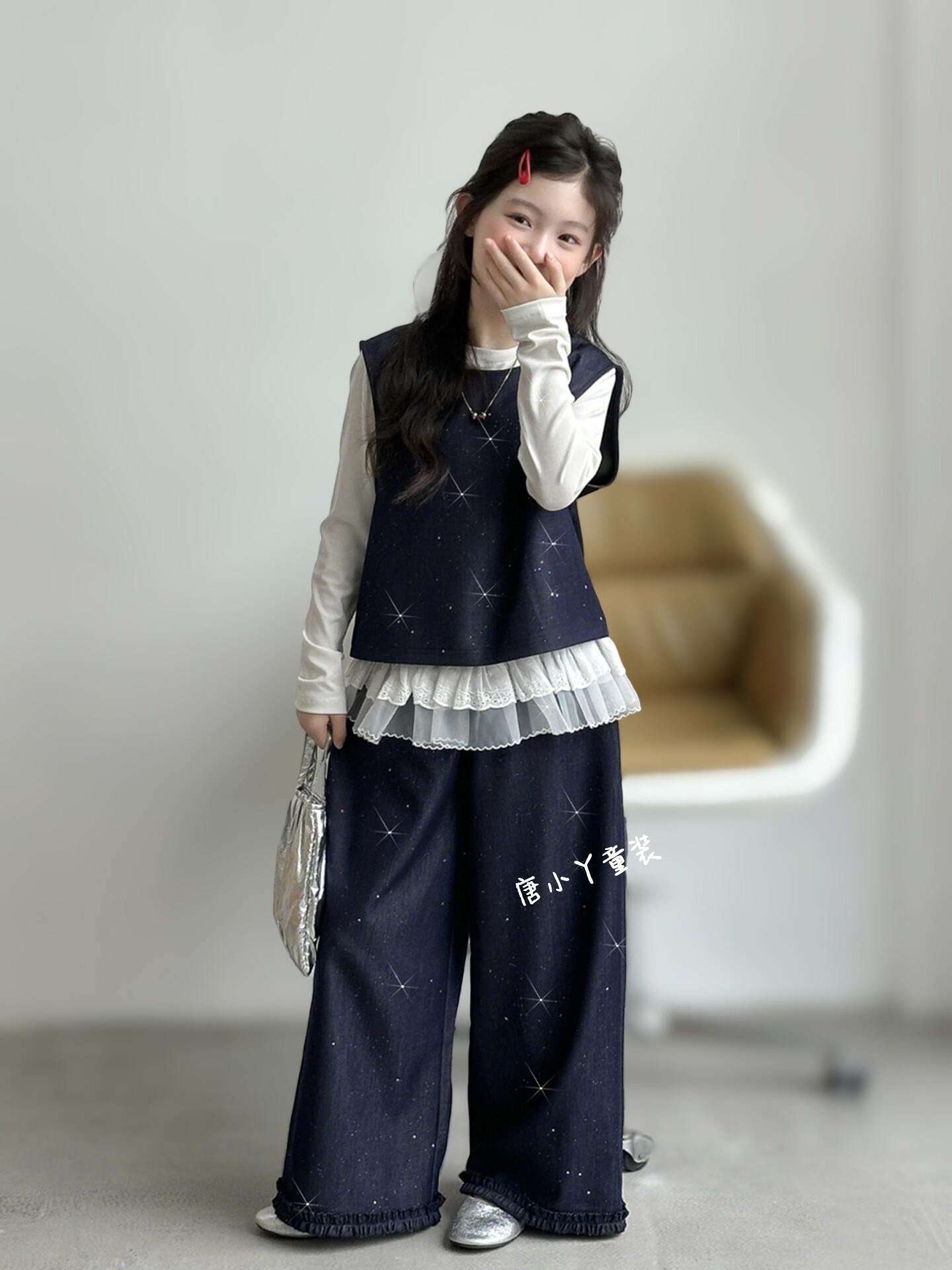 女童满天星牛仔马甲套装蕾丝花边长袖T恤花边直筒裤三件套韩系