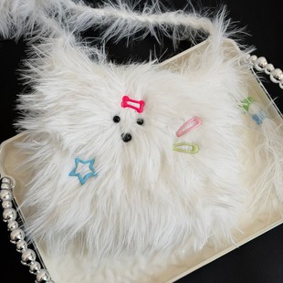 8公分仿貂毛3股软糯长毛钩织潦草小狗包可爱特色白色蓝色仿貂毛线