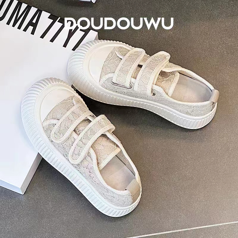 厚底小白鞋女2024夏季新款蕾丝网面透气魔术贴丑萌大头饼干渔夫鞋