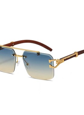 双梁切边方形太阳眼镜欧美复古时尚个性无框木纹豹子设计墨镜女潮