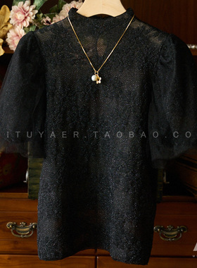 心之全蚀 外穿/内搭都美翻网纱泡泡袖闪丝提花朦胧微透上衣O04067