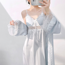 春夏季甜美吊带加长款睡袍女性感薄款吊带冰丝睡裙纯欲风睡袍长袖