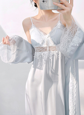 春夏季甜美吊带加长款睡袍女性感薄款吊带冰丝睡裙纯欲风睡袍长袖