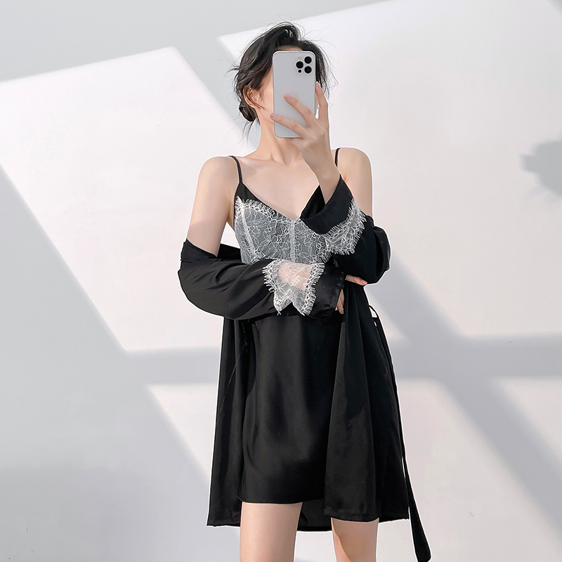 冰雪丝吊带睡裙女两件套