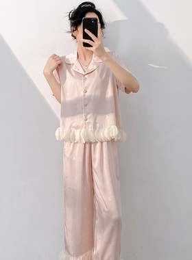 2025新款法式睡衣女款夏短袖长裤纯色花边家居服冰丝蝴蝶高级感