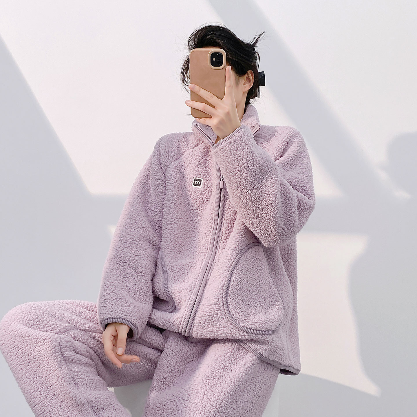 情侣睡衣羊羔绒冬季立领拉链男休闲外穿运动加厚加绒家居服女套装