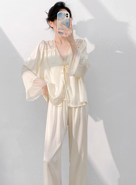 法式睡衣女带胸垫新款秋季薄款吊带外披性感三件套女士色丁睡衣