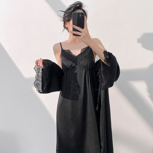 冰丝吊带睡裙春秋新款纯欲风中长款吊裙蕾丝薄款家居服套装带胸垫