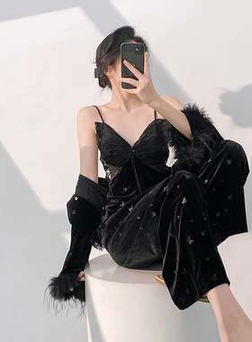 性感睡衣女2025春秋新款金丝绒三件套长袖长裤吊带蕾丝睡衣带胸垫