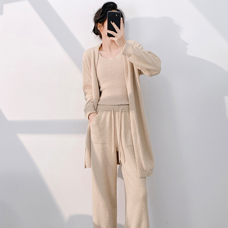 半边绒睡衣女美拉德秋冬季珊瑚绒三件套家居服套装长款睡袍可外穿