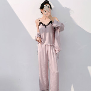 法式睡衣女带胸垫夏季新款三件套吊带冰丝长裤长袖性感甜美家居服