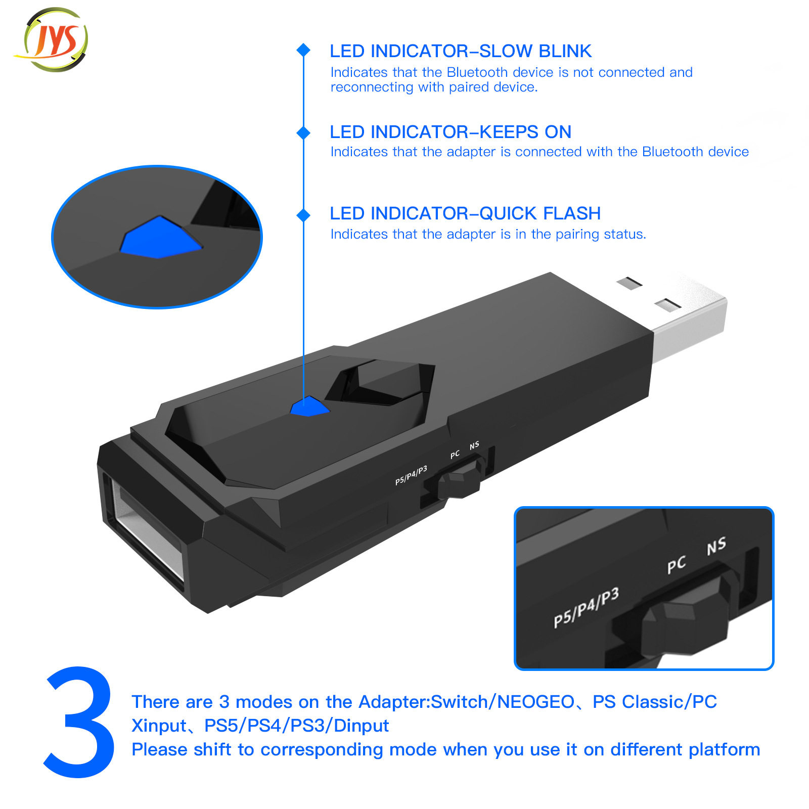 JYS双模蓝牙适配器接收器PS5/XBOX/Switch手柄无线连接电脑电视机