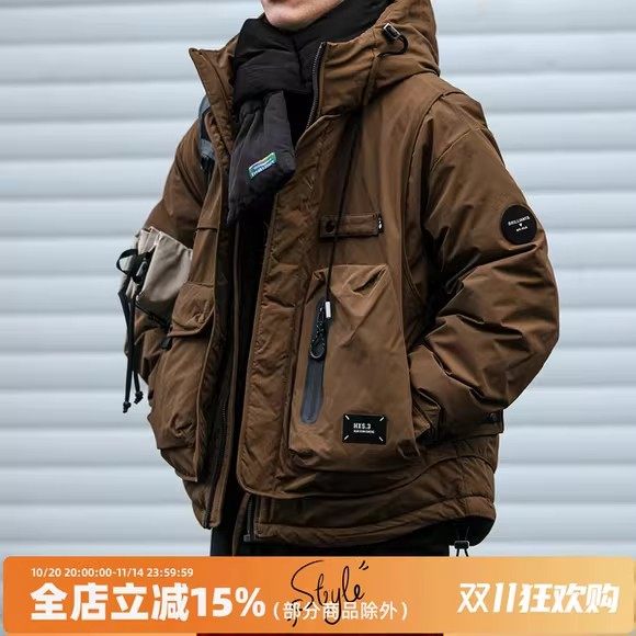 冬季工装连帽羽绒服男潮牌宽松户外多口袋机能90白鸭绒保暖外套潮