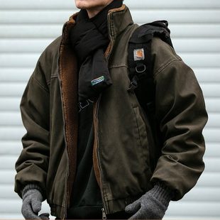 重工水洗做旧软糯亲肤羊羔绒棉服外套男冬季加厚保暖防风立领棉衣