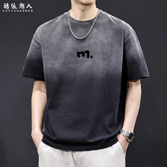 美式潮牌渐变短袖t恤男士夏季2026新款高端重磅纯棉体恤宽松大码