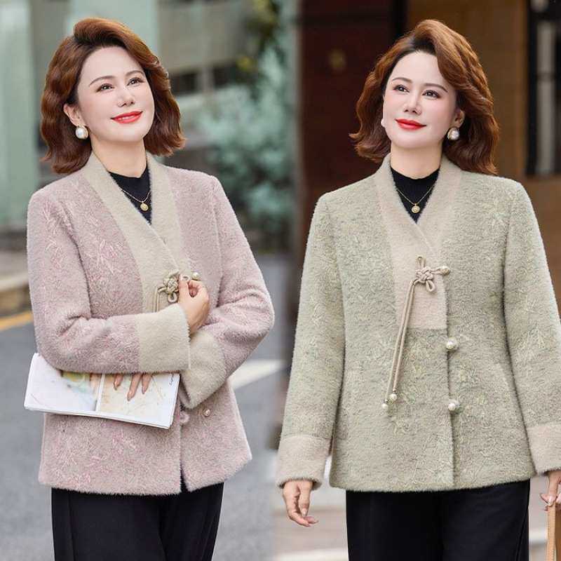官方秋冬妈妈秋装外套洋气短款夹克衫上衣外衣中老年女高贵呢子开