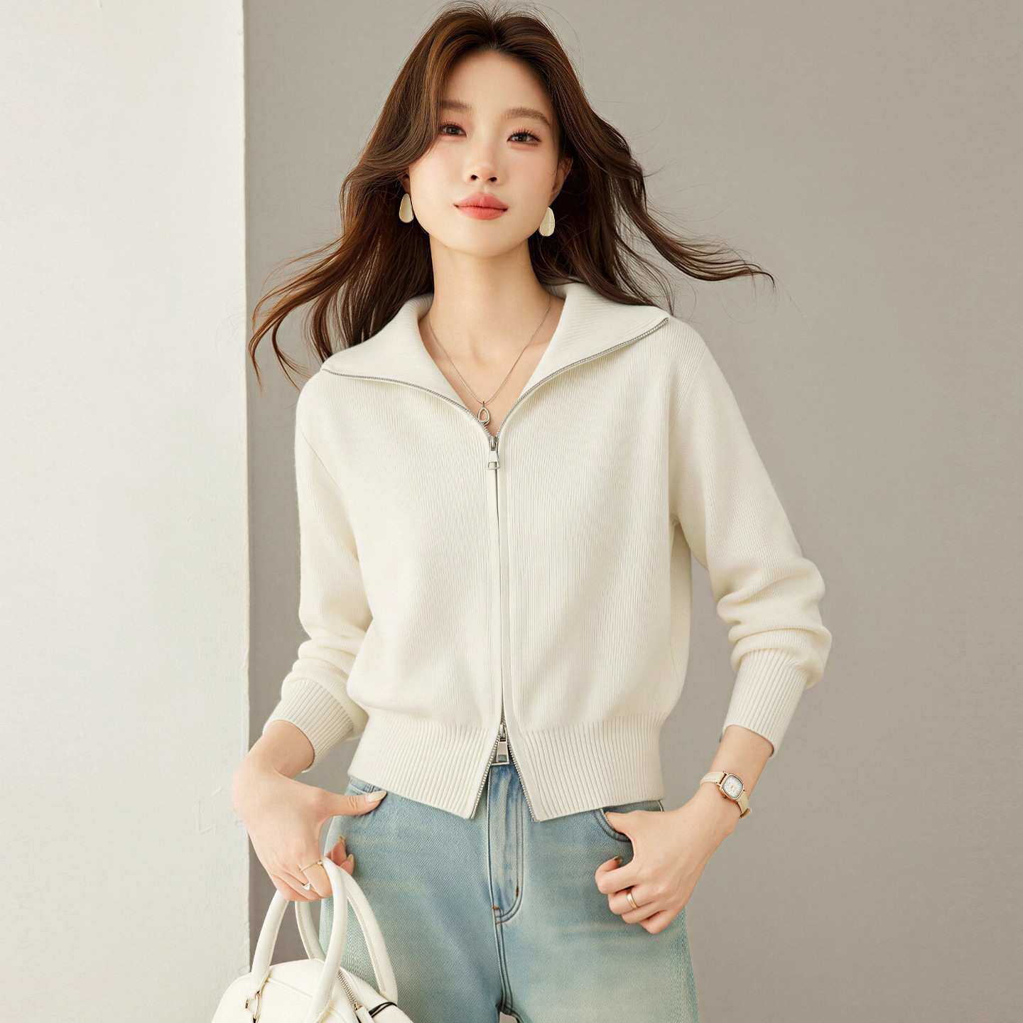 官方2026新款春秋女装拉链针织开衫女外搭短款上衣时尚休闲毛衣女