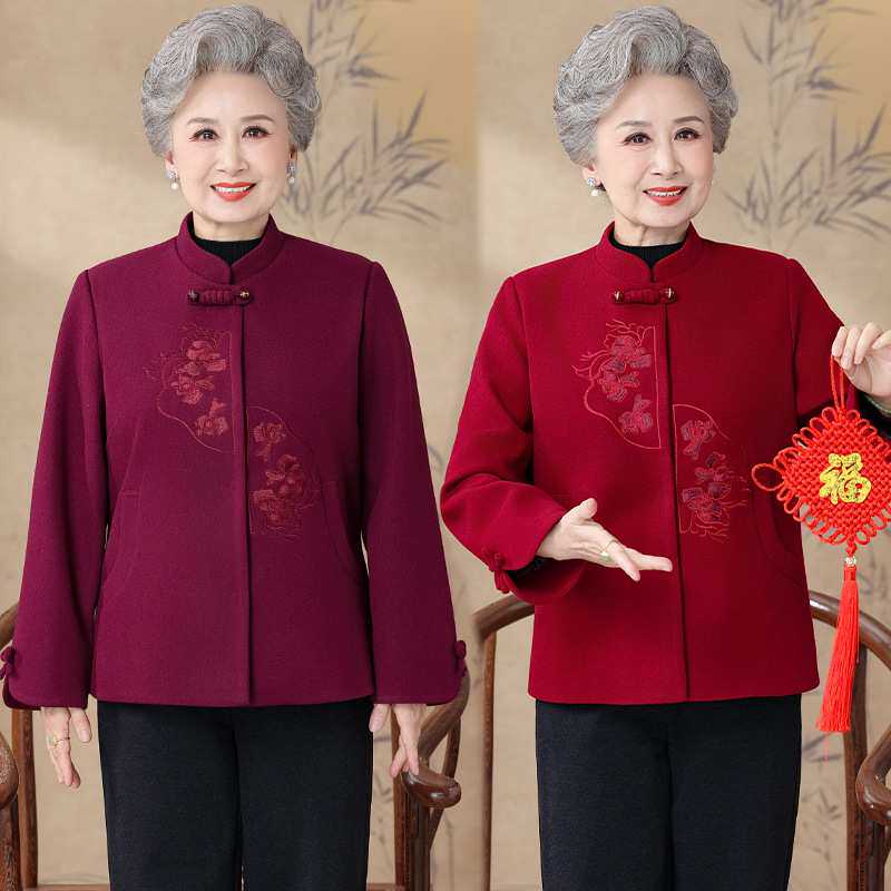 官方妈妈秋冬婚宴礼服加厚中老年人红色毛呢外套女喜奶奶上衣服20