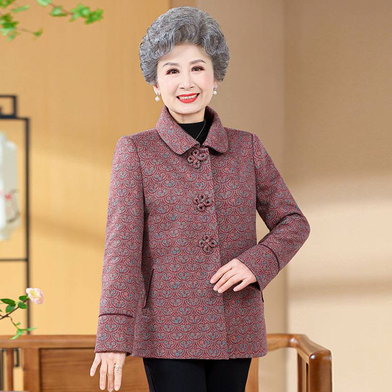 官方正品妈妈春秋装外套中老年人冬装加绒加厚呢外套女奶奶装风衣