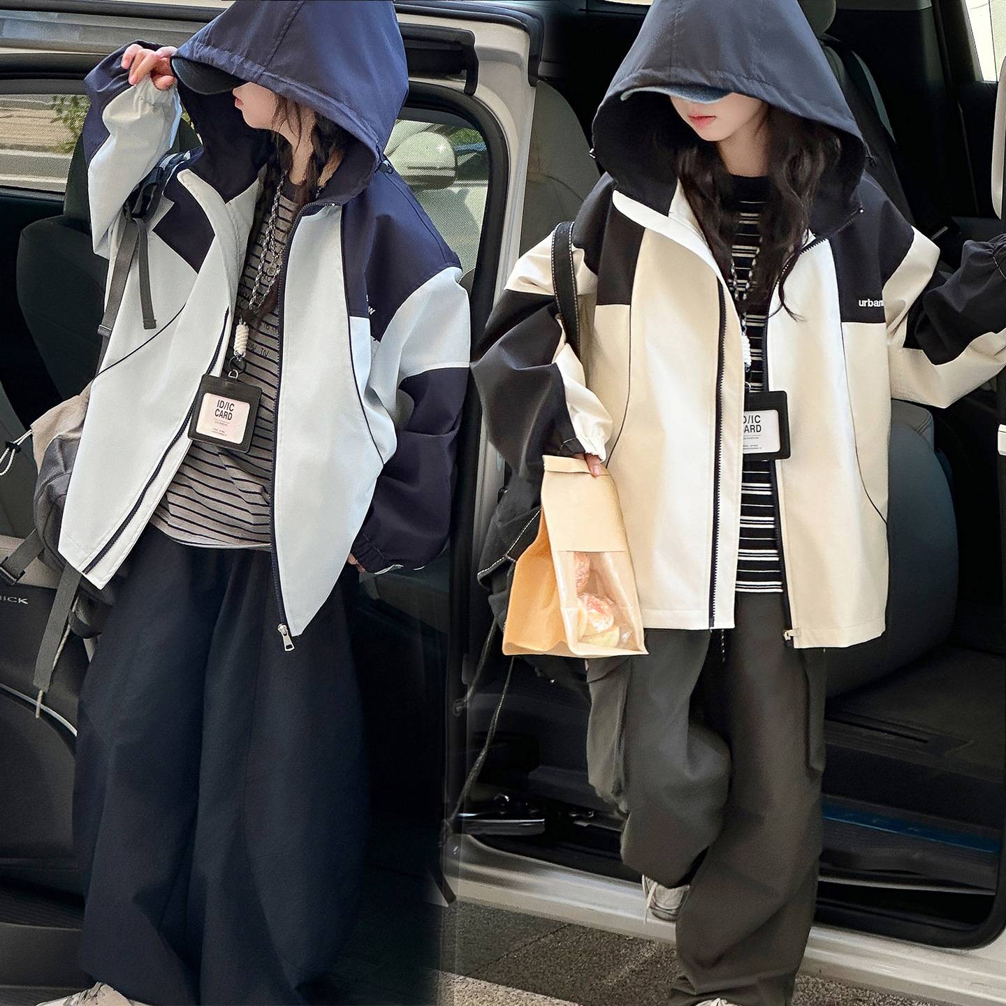 官方正品女童秋季冲锋衣2025儿童洋气拼色连帽百搭卡绳外套女孩休