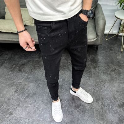 2026春男士修身烫钻小脚牛仔裤