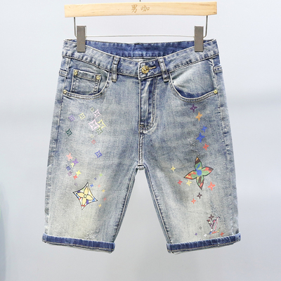 高端浅色印花牛仔短裤男潮牌中裤