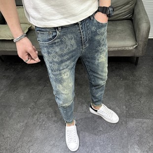 欧货潮牌牛仔裤男2025春秋新款弹力印花高端时尚修身小脚九分长裤