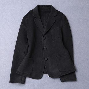 双面呢外套女2025春秋短款 黑色毛呢羊毛大衣女单排扣通勤OL呢外套