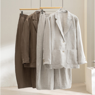 女2026春款 亚麻西装 弯刀裤 两件套透气宽松上衣松紧阔腿裤 套装