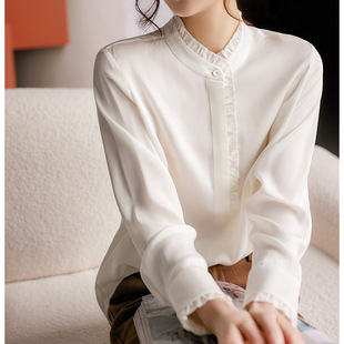 褶边气质真丝衬衫 高级感桑蚕丝 白色衬衣春装新款 女装女式上衣
